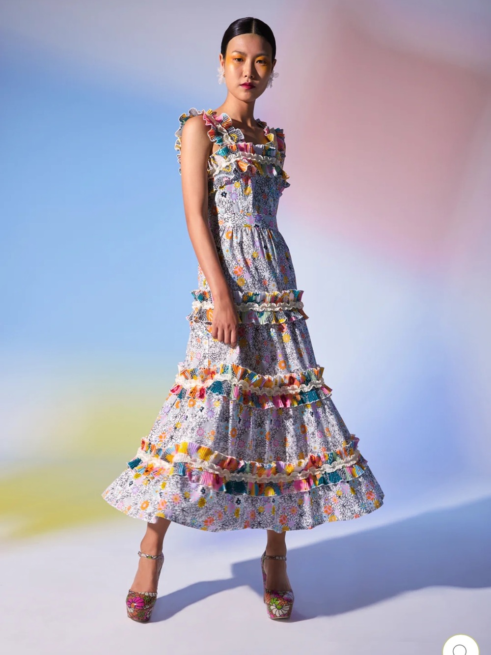 CeliaB Java Dress Midi Tiered Ruffle Cotton Multicolor Floral Size S